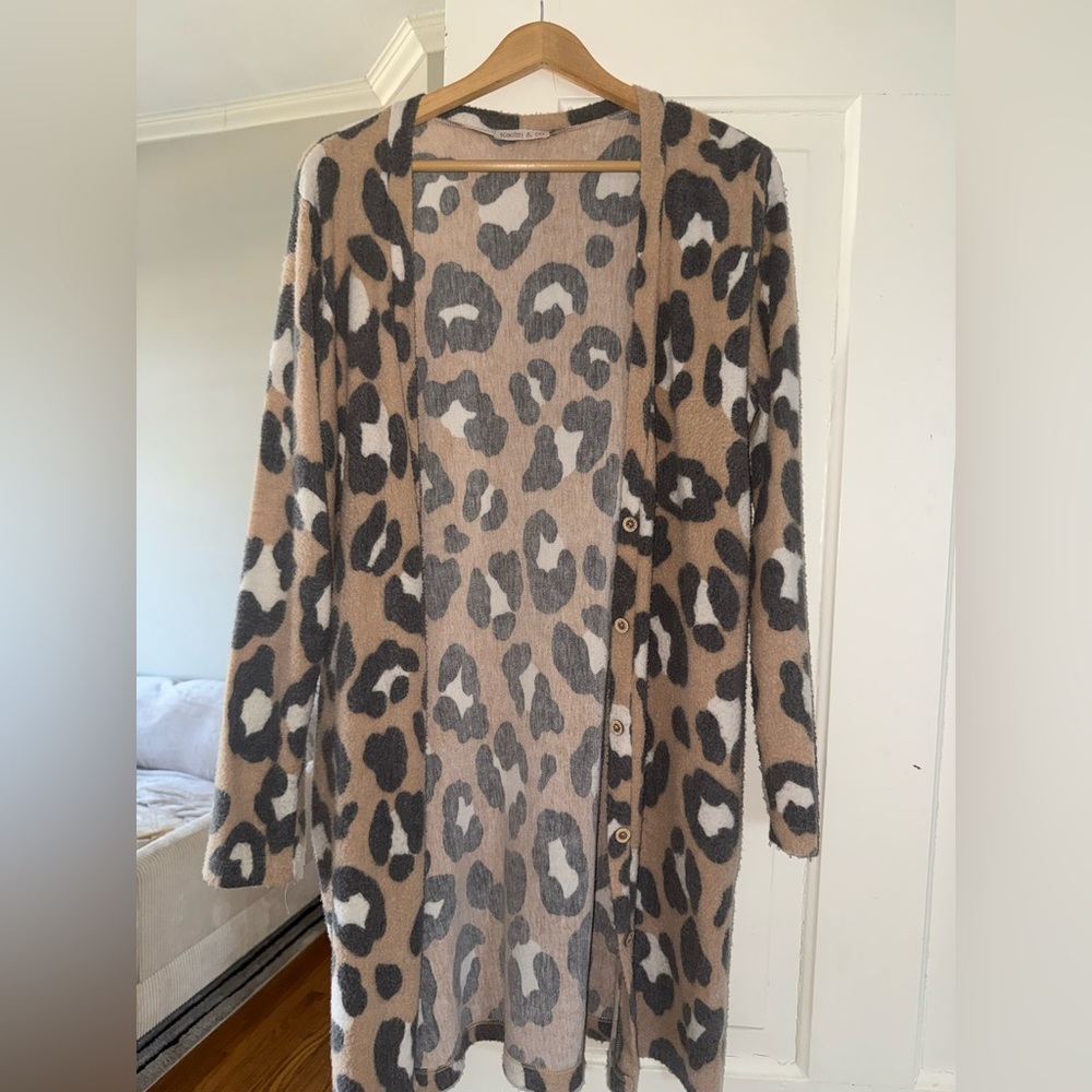 Women's Long Leopard Print Button-Front Cardigan Sweater - Tan/Black/White